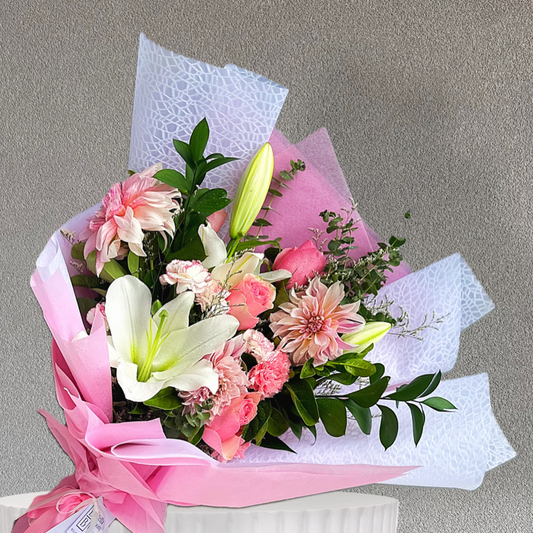 Bouquet of white lilies and pink seasonal blooms with same day flower delivery - Castle Hill, Cherrybrook, Baulkham Hills and Kellyville 