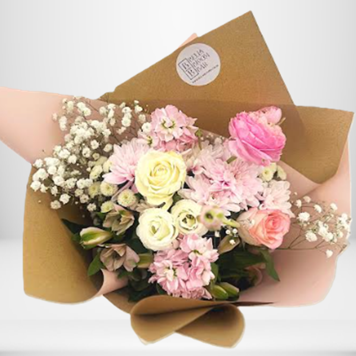 Bouquet of flowers wrapped in brown paper with a visible brand label on a white background