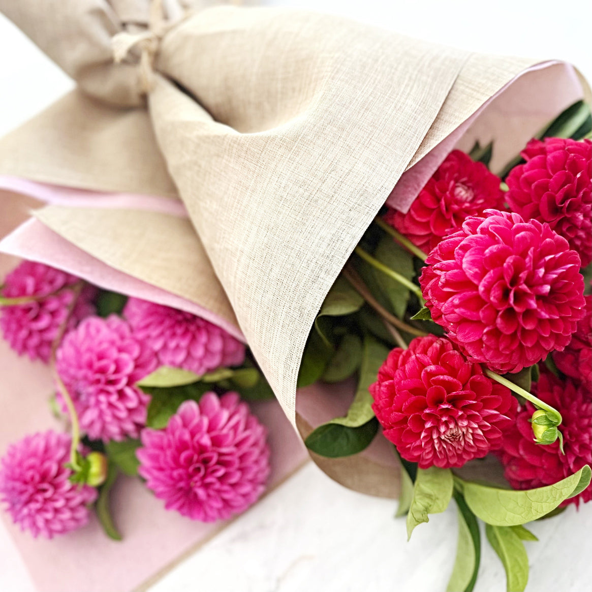 Market Buys Dahlias fresh and colourful wrapped in brown wrap | same day birthday flower delivery 