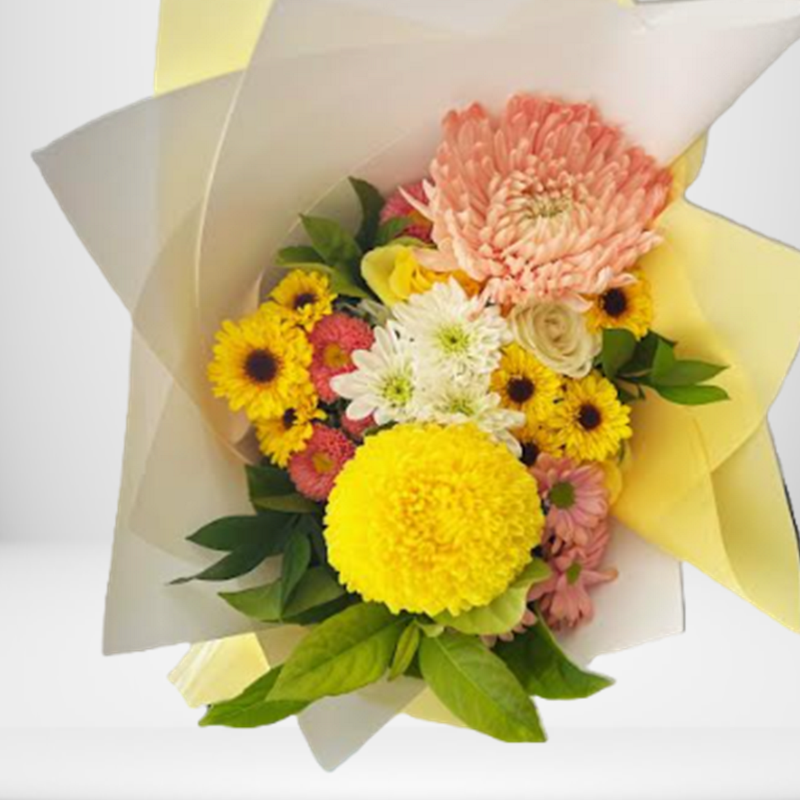 Bouquet with yellow, pink, and white flowers on a white background