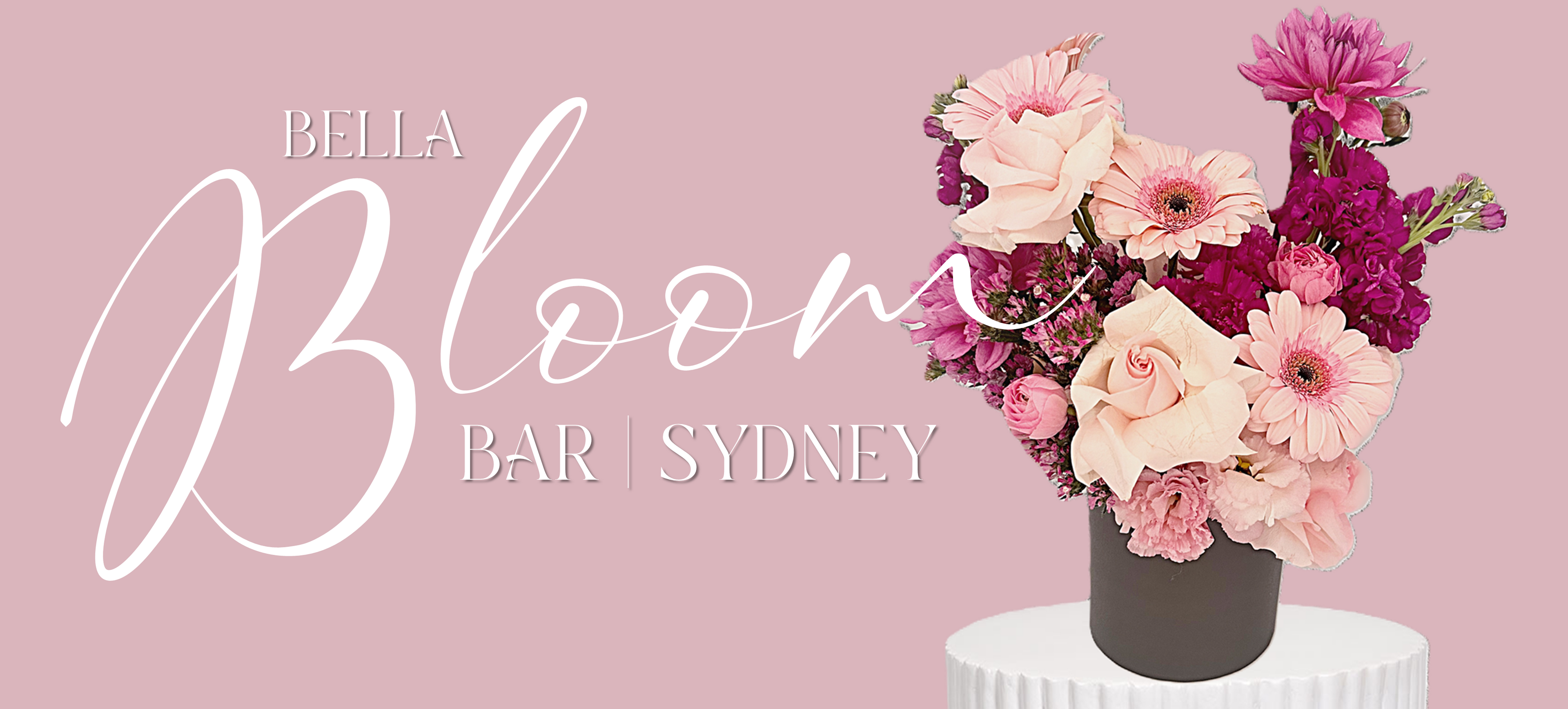 Pink floral arrangement in a vase with 'Bella Bloom Bar Sydney' text on a pink background