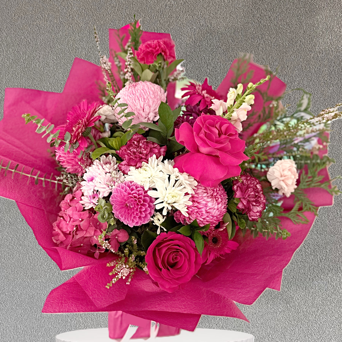Bouquet of pink and white flowers wrapped in pink paper same day birthday flowers delivery Kellyville, Norwest and Bella Vista