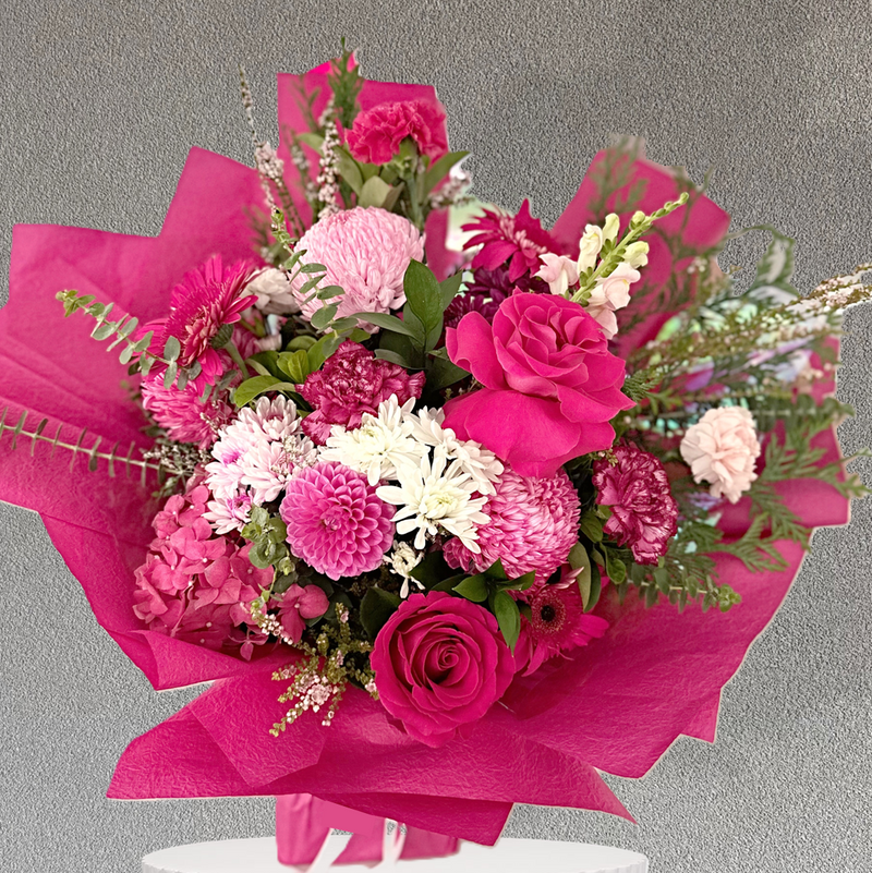 Bouquet of pink and white flowers wrapped in pink paper same day birthday flowers delivery Kellyville, Norwest and Bella Vista