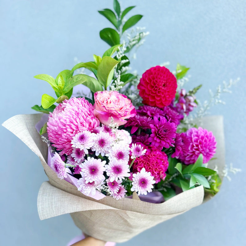 Bouquet of pink and purple seasonal flowers with lush greenery | same day fresh flower delivery Baulkham Hills and North Rocks