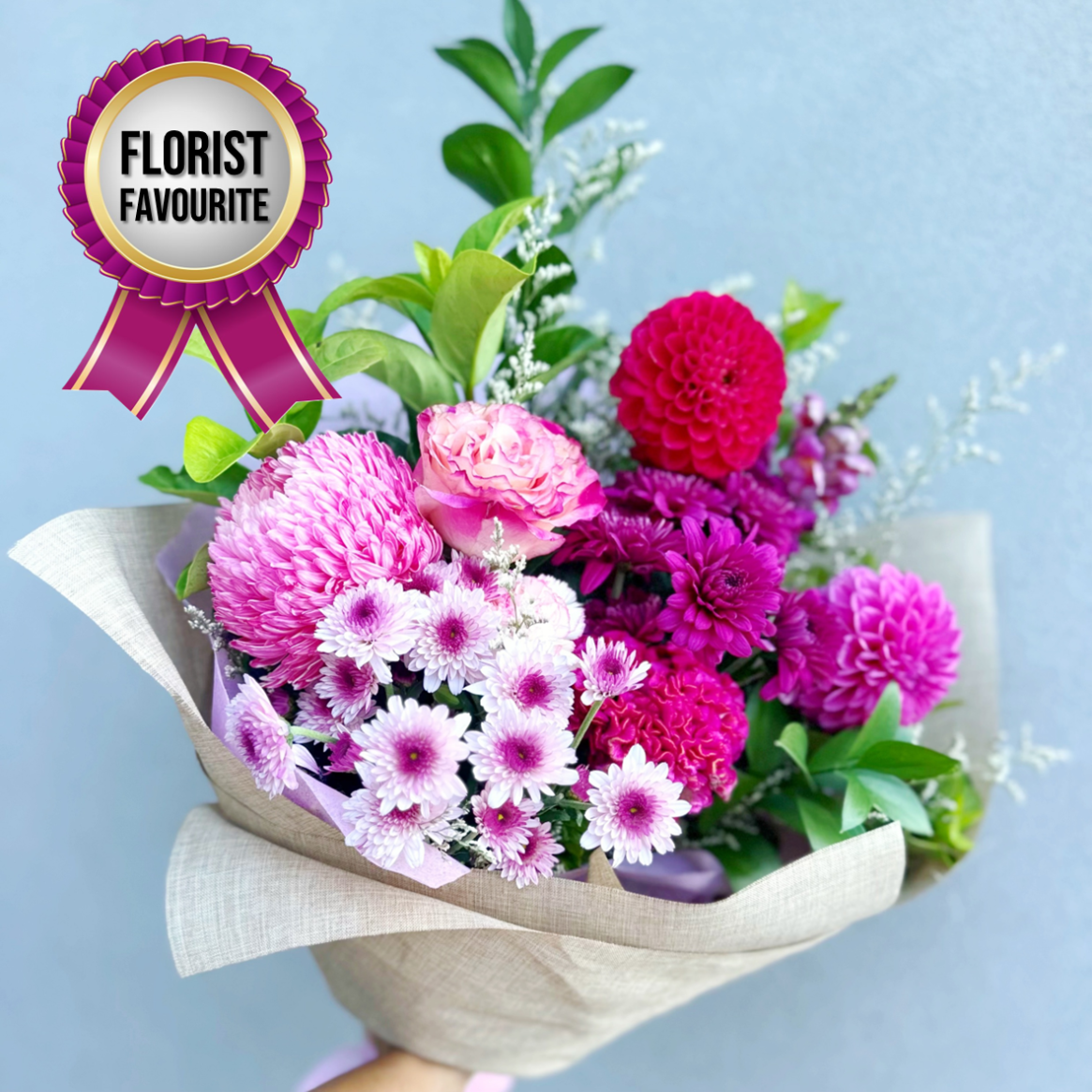 Bouquet of pink and purple seasonal flowers with lush greenery | same day fresh flower delivery Baulkham Hills and North Rocks