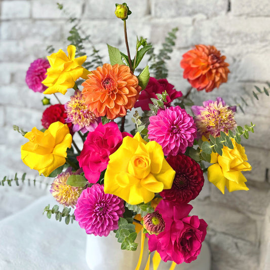 Vibrant seasonal fresh flowers and rose flower basket same day delivery Sydney