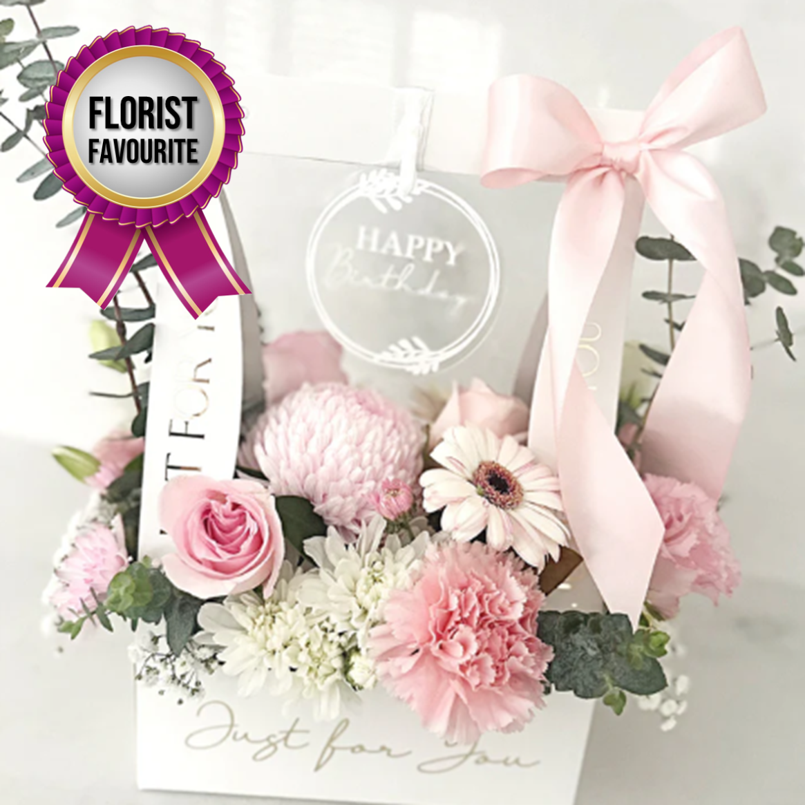 Pastel floral arrangement of roses, gerberas and chrysanthemums in a white carry box and a Happy Birthday custom plaque | same day flower delivery Hills District Sydney