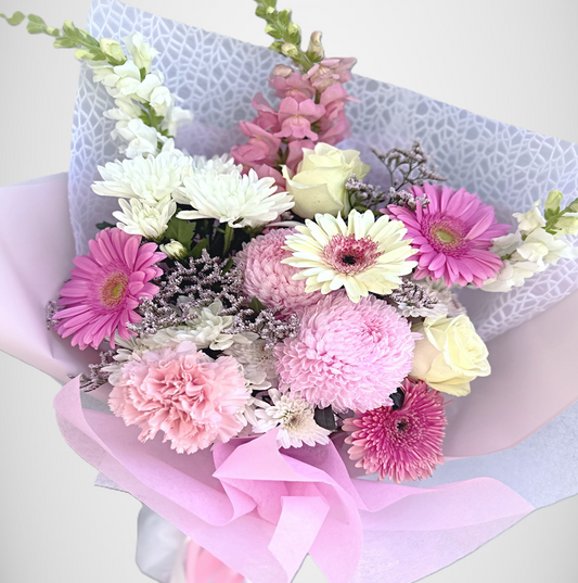 Large pastel pink and white luxe bouquet with gerberas and chrysanthemums