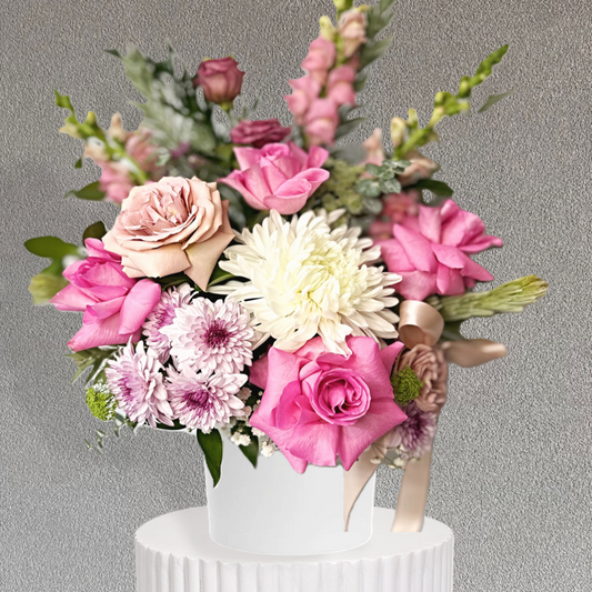 Pink flower box arrangement Hills District delivery Sydney
